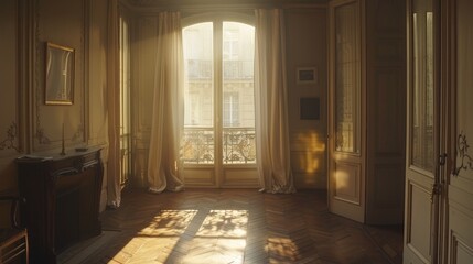 Elegant Sunlit Parisian Apartment Interior with Vintage Decor and Wood Floors