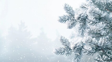 Fototapeta premium Snow-covered pine branches glistening in winter, offering a picturesque backdrop for text insertion.