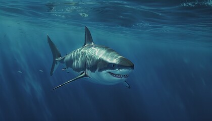 Naklejka premium Great White Shark Gliding Through Deep Blue Ocean Depths