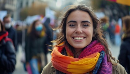 Fototapeta premium Smiling Woman Wearing Colorful Scarf Outdoors with People in Background, Students Protests