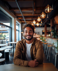 Obraz premium A stylish man with a beard happily smiles in a trendy cafe with a chic atmosphere and modern design