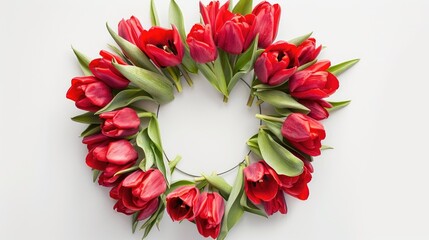 Red tulip flower wreath on white background top view square format