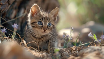 Obraz premium Curious Blue-Eyed Kitten Exploring Surroundings, Captivating Charm