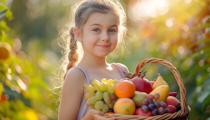 Smiling Young Girl Holding Basket of Fresh Fruits, Healthy Living Concept