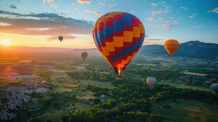 Colorful hot air balloons soaring over picturesque landscapes with sunrise lighting