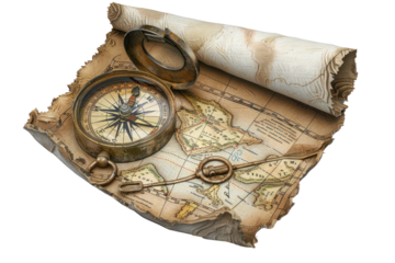 Vintage compass on an old, rolled-up map, symbolizing exploration and adventure. Perfect for travel, history, and navigation themes.
