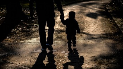 Silhouette of father and son walking hand in hand, their shadows stretching along the path of life's journey