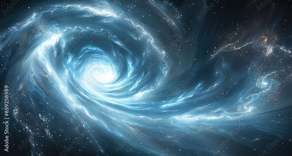 Poster a blue and white swirl of light, with the center being a bright star in space. the background is dar