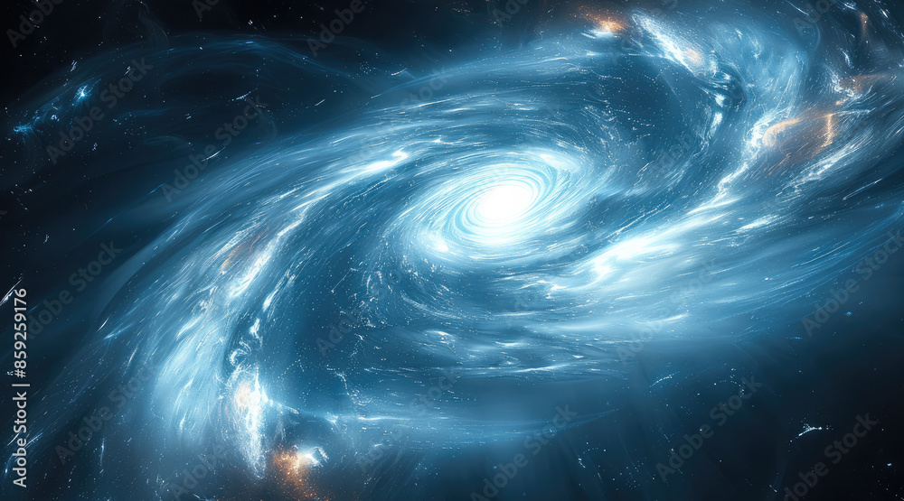 Poster a blue and white swirl of light, with the center being a bright star in space. the background is dar