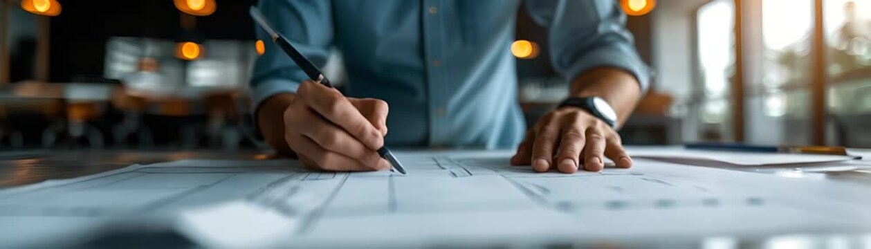 working on a new project blueprints He is wearing a blue shirt and a watch. He is using a pencil. motion video 4k quality animation
