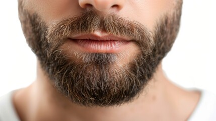 Obraz premium Close-up of a person's face focusing on the beard area. The beard is well-groomed with a distinct mustache and has a mix of dark brown and gray hair, suggesting the person may be middle-aged