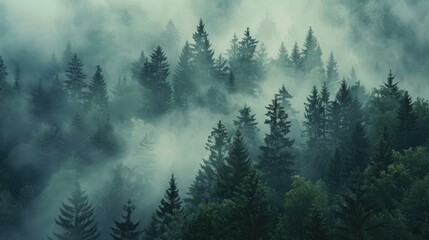 Misty morning in a pine forest, creating a mysterious atmosphere ideal for text integration.