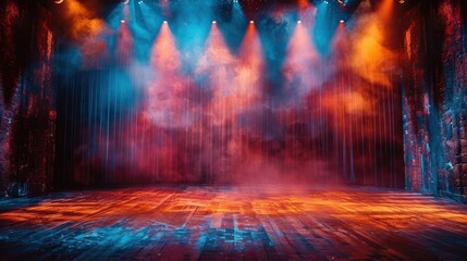 Obraz premium A stage illuminated with colorful lights creating a smoky ambiance, setting the mood for an exciting performance. Ideal for advertising theatrical or musical events.
