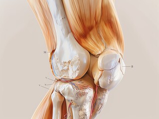 A detailed medical illustration showing the anatomy of a knee joint affected by osteoarthritis