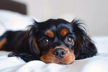 a dog laying on a bed with a white sheet