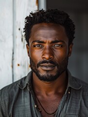 A close-up portrait of a man with a serious expression