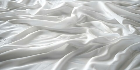 Obraz premium Soft white polyester sheets for cozy bed with elegant crumpled texture. Concept Bedding, Cozy Home Decor, Crumpled Texture, Bedroom Essentials