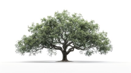 Obraz premium Majestic oak tree standing alone on a pristine white background, showcasing its sprawling branches and lush foliage