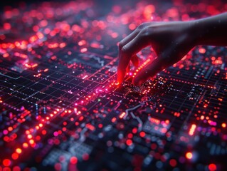 A hand interacts with a futuristic data display