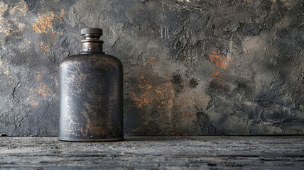 Naklejka premium An old metal bottle with a rusty patina on a textured grunge background.
