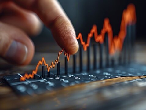 Close-up of a finger tracing an upward trend line on a stock market graph