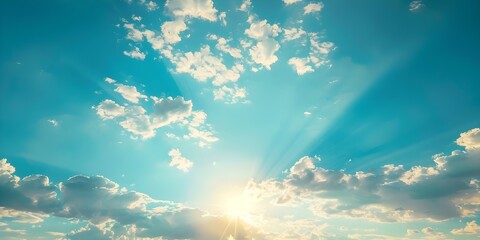 Intense lens flare against blue sky with god rays and wispy clouds. Concept Sunset Silhouettes, Dramatic Light Effects, Atmospheric Photography
