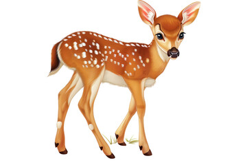 Fototapeta premium Adorable cartoon baby deer with spotted fur standing gracefully on a white background, perfect for any wildlife or nature-themed project.