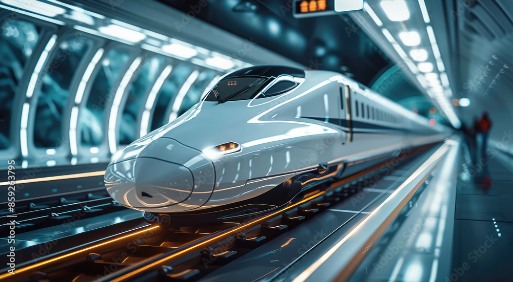Poster a bullet train, modern commuter train inside the railway station. generative ai.