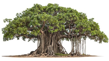 Magnificent banyan tree with sprawling aerial roots, isolated on a white background.