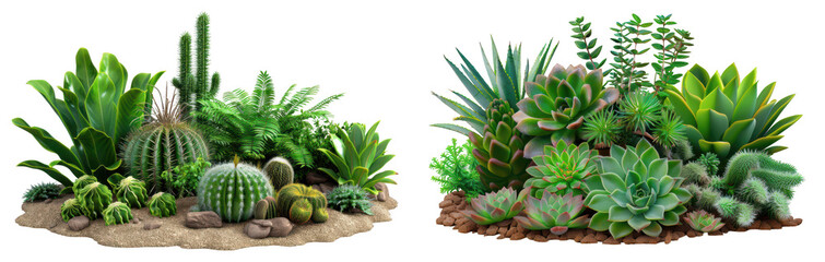 Fototapeta premium Botanical Garden Sections, Varied Succulent and Cacti Plants, Lush Greenery on a transparent background. Generative AI