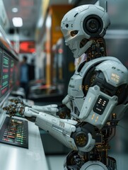 Fototapeta premium White robot with articulated arms interacts with digital display