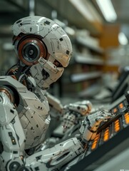 Fototapeta premium A robot with a futuristic design works on a complex system in a high-tech facility
