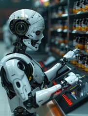 Fototapeta premium A futuristic robot reaches for products on a shelf