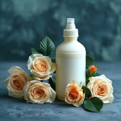 A white spray bottle surrounded by creamy roses, suggesting a floral scent