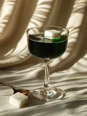 Glass of absinthe with sugar cube, spoon on draped background.