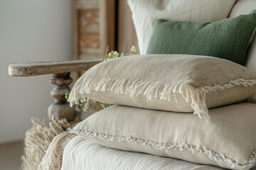 two vintage linen pillows with green accent pillow, provence room decor