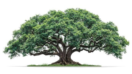 Grand old tree with a wide canopy, isolated on a white background, highlighting its intricate details
