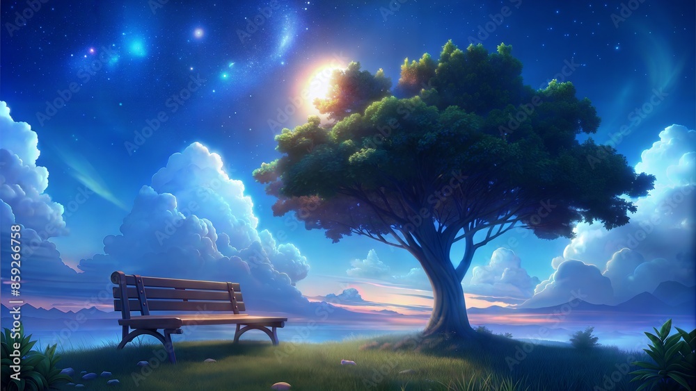 Wall mural night scene with a beautiful forest and a bench - Wall murals