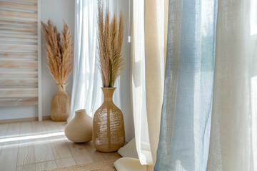 Country style interior, Provence in neutral tones with wicker vases and soft linen curtains
