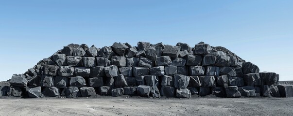 Large pile of basalt boulders under clear blue sky, industrial mining concept