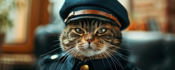 A serious-looking cat dressed in a navy blue uniform and cap, sitting indoors. The feline appears as a disciplined officer.