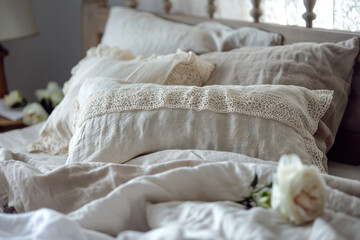 Vintage linen pillows with lace on bed, provence, country