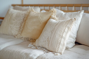 Close-Up of Textured Beige Cushions on Sofa
