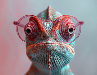 Colorful friendly adorable chameleon lizard, stylish pink and light blue colors with glasses posing on matching background, trendy and vibrant fashion accessory concept for beauty and art enthusiasts