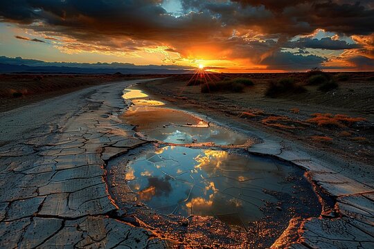 Camino rural al atardecer con charcos reflectantes: Espectacular puesta de sol sobre un camino de tierra con charcos de agua reflejando el cielo