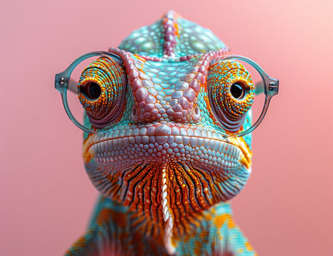 Colorful friendly adorable chameleon lizard, stylish pink and light blue colors with glasses posing on matching background, trendy and vibrant fashion accessory concept for beauty and art enthusiasts