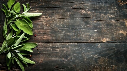 Background of cooking sage on dark wood table with space for text