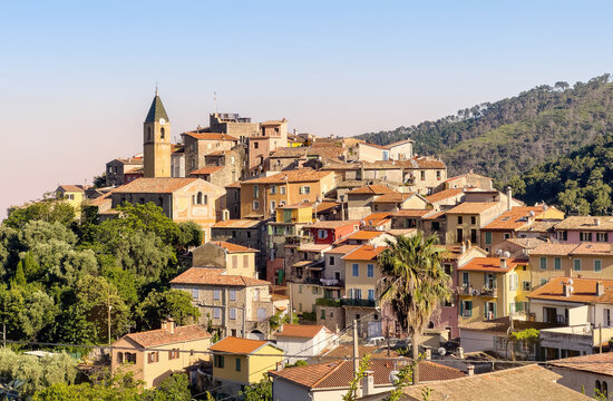 Mediterranean mountain village on the French Riviera in the south of France. Gorbio, commune in the Alpes-Maritimes department, Provence-Alpes-C&ocirc;te d'Azur, France.