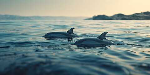 Fototapeta premium Elegant sea dolphins gracefully swim in the ocean. Concept Marine Life, Dolphins, Ocean Beauty, Graceful Creatures, Underwater Photography