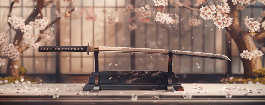 Beautiful katana sword displayed on a stand with cherry blossoms in the background, showcasing traditional Japanese craftsmanship.